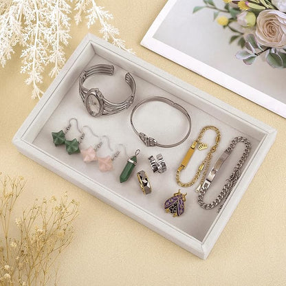 Mornajina 2 Pcs 9" x 5.7" Velvet Jewelry Tray Jewelry Display Tray, Stackable Empty Plate Trays for Earrings Necklaces Bracelet Rings Display Showcase - Beige