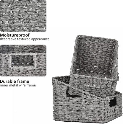 GRANNY SAYS Wicker Basket with Handles, Odorless Woven Trapezoid Basket Waterproof for Organizing, Decorative Storage Wicker Baskets for Storage Photo Books, Gray, 2-Pack