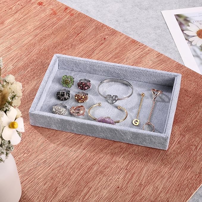 Mornajina 2 Pcs 9" x 5.7" Velvet Jewelry Tray Jewelry Display Tray, Stackable Empty Plate Trays for Earrings Necklaces Bracelet Rings Display Showcase - Grey