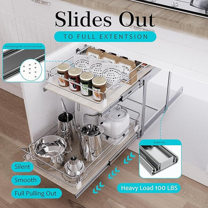 2 Tier Pull Out Cabinet Organizer 18" W X 22" D, Slide Out Drawers For Kitchen Cabinets, Pull Out Drawers For Cabinets Capacity Heavy Duty Caddy, Cabinet Pullout Shelves Wood Chrome, Pantry Storage