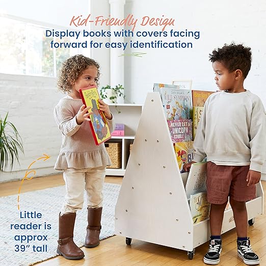 ECR4Kids Double-Sided Wooden Mobile Book Display and Storage, Montessori Furniture, White Wash