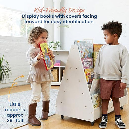 ECR4Kids Double-Sided Wooden Mobile Book Display and Storage, Montessori Furniture, White Wash