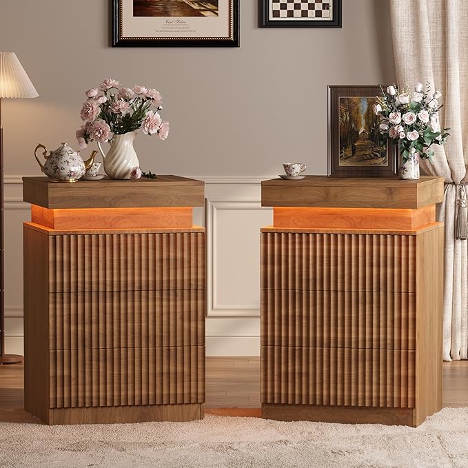 BOXACTION Nightstand Set of 2 for Bedroom, LED Nightstand with 3 Drawers and Charging Station, Mid Century Modern Fluted Nightstands, Bedside Tables & End Tables, Walnut