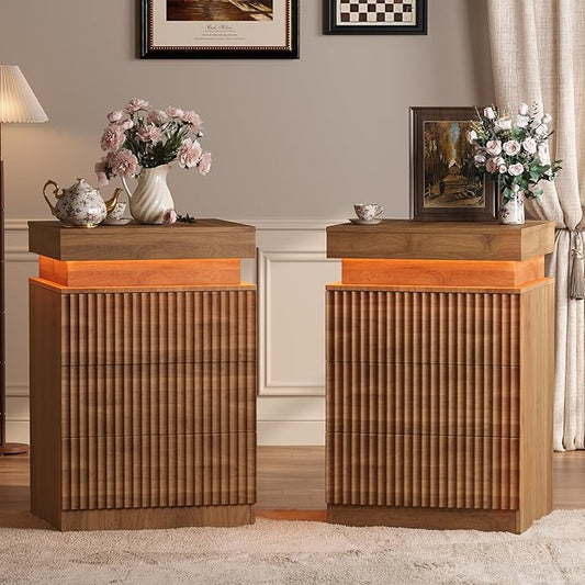 BOXACTION Nightstand Set of 2 for Bedroom, LED Nightstand with 3 Drawers and Charging Station, Mid Century Modern Fluted Nightstands, Bedside Tables & End Tables, Walnut