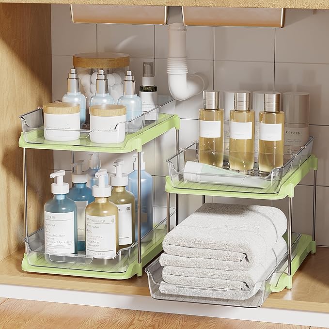 Delamu 2-Tier Multi-Purpose Bathroom Under Sink Organizers and Storage, Stackable Kitchen Pantry Organization, Pull Out Medicine Cabinet Organizer with Movable Dividers, Green, 2 Pack