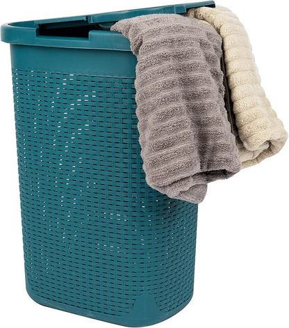 Mind Reader Slim Laundry Hamper with Lid, 60L Clothes Basket, Premium Wicker Design, Plastic, Blue