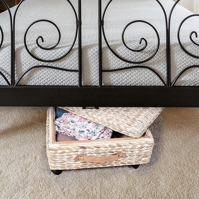happimess BSK1006C 26.38" Chett Minimalist Hand-Woven Hyacinth/Wood Underbed Storage Bin with Wheels and Handles for Storage and Decoration in Bathroom, Bedroom, Closet,Entryway,Guest Room, White Wash