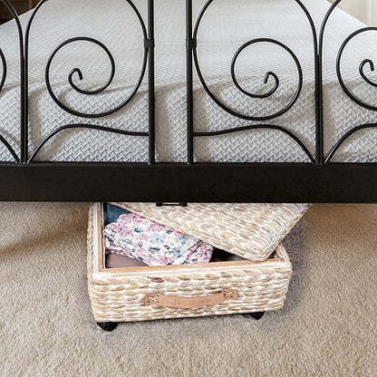 happimess BSK1006C 26.38" Chett Minimalist Hand-Woven Hyacinth/Wood Underbed Storage Bin with Wheels and Handles for Storage and Decoration in Bathroom, Bedroom, Closet,Entryway,Guest Room, White Wash