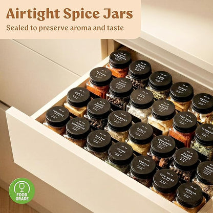 Glass Spice Jars with Label and Black Aluminum Lids (24 x 4oz) Spice Containers with 240 Labels, Shaker Inserts, Steel Funnel, Empty Square Seasoning Organizer (Black Aluminum Lid)