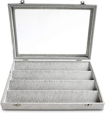 Frebeauty Earring Organizer Tray with Clear Lid 64 Slots Velvet Drawer Insert Earring Storage box with Transparent Glass lid Jewelry Display Case with lock Gifts for Girls Women (Grey, Earrings)