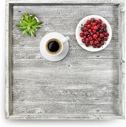 Wooden Ottoman Tray with Felt Pad – Decorative Couch Serving Tray Made with Real Rustic Reclaimed Wood - Perfect for Living Room Ottomans, Sofas, & Coffee Tables -24" x 24"- White Wash