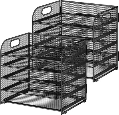 2 Pack 5 Tier Paper Organizer, Letter Tray with Handle, Mesh Desk Organizer, Metal File Organizer, Office Desk Accessories for Home, Office, Classroom, School -Black