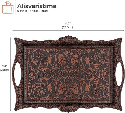 Alisveristime Ottoman Turkish Zamak Serving Tray with Traditional Motifs, Ideal for Coffee and Tea - Six Person Tray (14.5 x 9.85 in) (Copper)