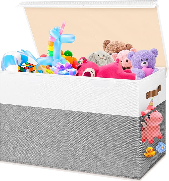 Large Toy Box, Collapsible Sturdy Storage Chest With Lids, Kids Toy Chest Storage Organizer Toddler Bin Boxes for Living Room, Bedroom, Nursery, 25"x13"x16", White & Gray
