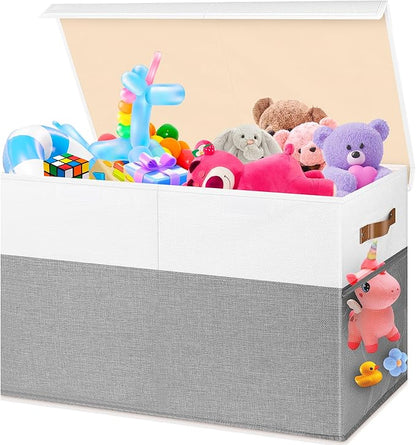 Large Toy Box, Collapsible Sturdy Storage Chest With Lids, Kids Toy Chest Storage Organizer Toddler Bin Boxes for Living Room, Bedroom, Nursery, 25"x13"x16", White & Gray