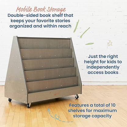 ECR4Kids Double-Sided Wooden Mobile Book Display and Storage, Montessori Furniture, Grey Wash