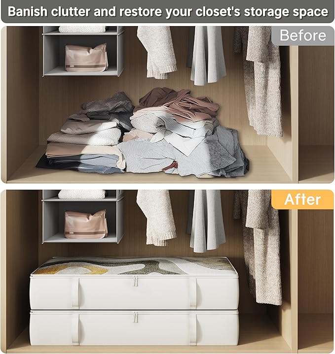 TidyCorner 2-Pack Under Bed Storage, 6 Inches Tall Closet Organizers and Storage Bins with Sturdy Sidewalls/Bottom/4 Handles, Beige
