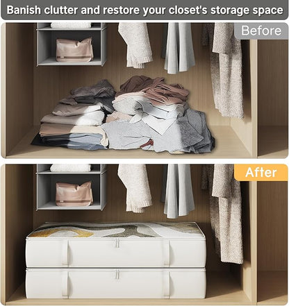 TidyCorner 2-Pack Under Bed Storage, 6 Inches Tall Closet Organizers and Storage Bins with Sturdy Sidewalls/Bottom/4 Handles, Beige