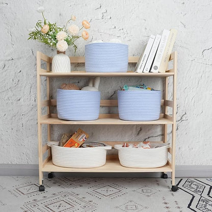 Woven Cotton Storage Baskets - 3-Pack Round Bins (10x10x7'') for Shelves, Closets & Bookcases | Durable Rope Organizers for Nursery, Baby, Toys, Easter & More (blue)