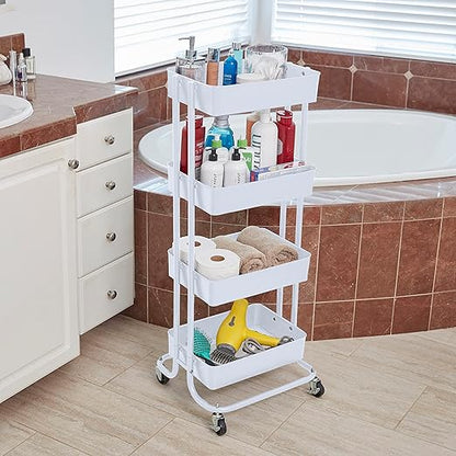 ECR4Kids 4-Tier Metal Rolling Utility Cart, Multipurpose Storage, White