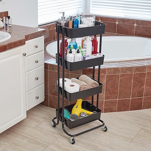 ECR4Kids 4-Tier Metal Rolling Utility Cart, Multipurpose Storage, Black