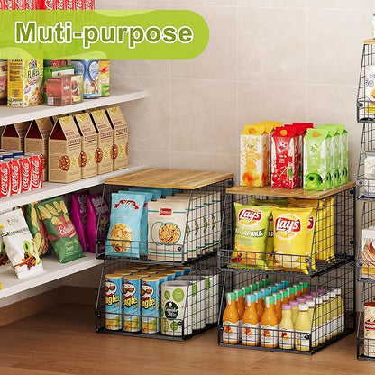 4 Pack Stackable Wire Baskets with Fixed Wooden Top, Vegetable Fruit Storage Bins for Onion Potato Snack, Pantry Baskets for Kitchen Cabinet Countertop, Pantry Organizers and Storage Rack