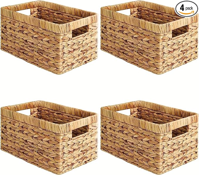 Water Hyacinth Woven Storage Baskets, Set of 4 Wicker Baskets for Organizing with Built-In Handles, Handwoven Rectangular Shelf Bins for Pantry, Bathroom, Kitchen, Closet (13 x 8.25 x 7 in)