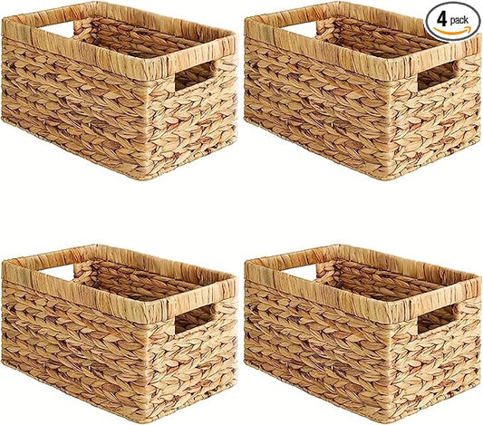 Water Hyacinth Woven Storage Baskets, Set of 4 Wicker Baskets for Organizing with Built-In Handles, Handwoven Rectangular Shelf Bins for Pantry, Bathroom, Kitchen, Closet (13 x 8.25 x 7 in)