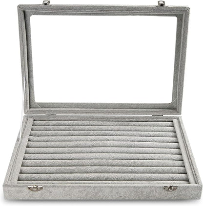 Frebeauty Rings/Earrings Organizer Tray with Clear Lid 10 Slots Velvet Drawer Insert Jewelry Storage box with Glass lid Jewelry Display Case Showcase Gift for Girls Women (Grey, 10 Slots)