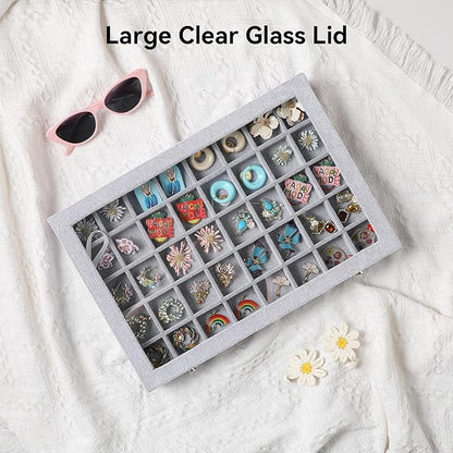 Frebeauty 40 Grid Jewelry Tray,Adjustable Earring Holder Organizer with Glass Lid,Velvet Drawer Jewelry Organizer for Rings,Studs,13.8 x 9.5 x 2 Inches Jewelry Display Box,Gift for Women(Grey)
