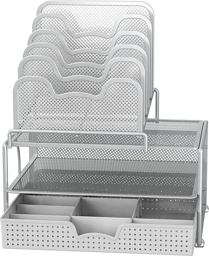 Simple Houseware Mesh Desk Organizer with Sliding Drawer, Double Tray and 5 Stacking Sorter Sections, Silver