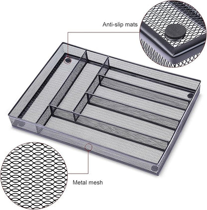 WuGeShop Desk Drawer Organizer with 6 Compartments, Mesh Drawer Organizer Tray for Stationery, Office Supplies Desktop Storage, Black