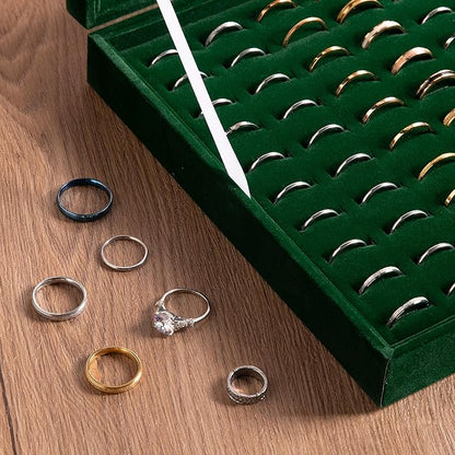 Frebeauty Ring Organizer Tray 100 Slots Ring Holder with Clear Lid Velvet Storage Box Jewelry Tray for Jewelry Store Earring Display Case for Jewelry Show Studs Box for Women(Blackish Green)