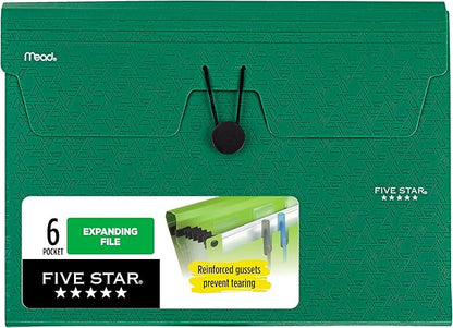 Five Star Expanding File Organizer, 6-Pocket Accordian File Organizer, Bungee Closure, Holds 8-1/2" x 11" Paper, Forest Green (350100D-ECM)