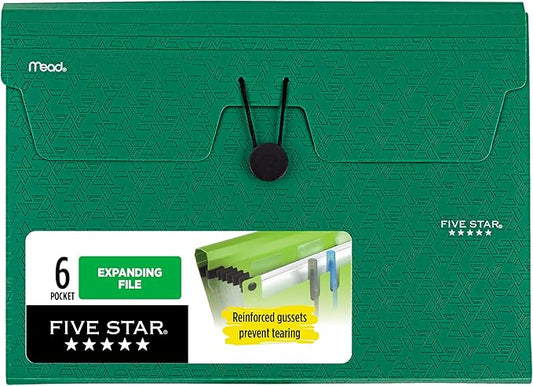 Five Star Expanding File Organizer, 6-Pocket Accordian File Organizer, Bungee Closure, Holds 8-1/2" x 11" Paper, Forest Green (350100D-ECM)