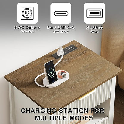 HIFYOBRO Fluted Nightstands Set of 2 with Charging Station & Motion Sensor Light, Modern Bedside Tables with 2 Drawers and Storage Shelf for Bedroom, White