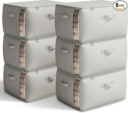 Vailando Large Canvas Comforter Storage Bags Closet Organizer for Clothes Sweater Clothes Organizer with Dual Zipper Three Carrying Handles for Blanket Closet Storage Container, 6 Pack, Grey
