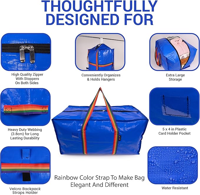 XL Moving Bags - 4 Pack Blue Storage Tote, Heavy-Duty Zipper, Colorful Carrying Handles,Versatile for Dorm, Packing, Storing, Organizing, Clothes, Blankets, Toys. Moving Boxes for Space Saving.