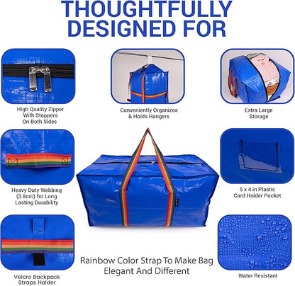 XL Moving Bags - 4 Pack Blue Storage Tote, Heavy-Duty Zipper, Colorful Carrying Handles,Versatile for Dorm, Packing, Storing, Organizing, Clothes, Blankets, Toys. Moving Boxes for Space Saving.