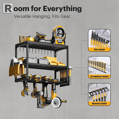 Power Tool Organizer Wall Mount, 3 Layers Storage Rack with 4 Drill Holders, Garage Storage Rack for Handheld, Metal Tool Shelf Utility Rack for Cordless Power Tools, Suitable for Giving men