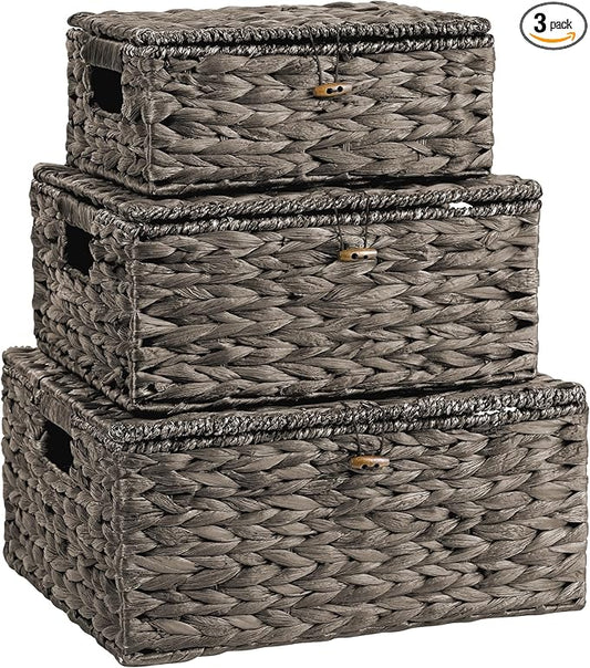 Wicker Storage Baskets with Lids and Handles, Hand Woven Rattan Storage Bins Box, Set 3 Black Water Hyacinth Decorative Large Small Basket Container for Shelves, Bathroom Organizing