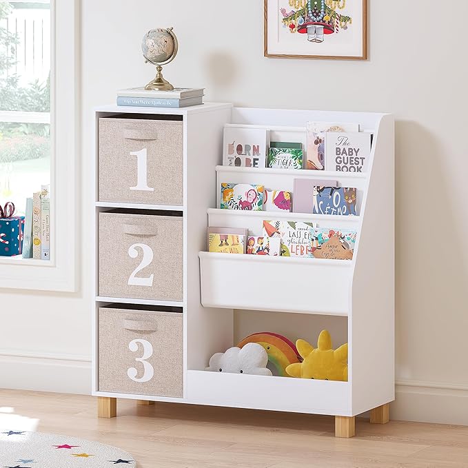 Spirich Kids Bookshelf with Storage Bins, Children Cube Storage Organizer, Montessori 3-Tier Book Display Rack, Book Shelf for Kids Rooms, Playroom, Nursery, White