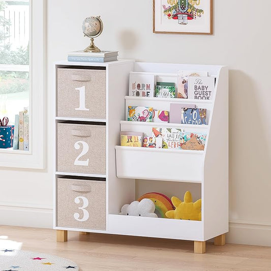 Spirich Kids Bookshelf with Storage Bins, Children Cube Storage Organizer, Montessori 3-Tier Book Display Rack, Book Shelf for Kids Rooms, Playroom, Nursery, White