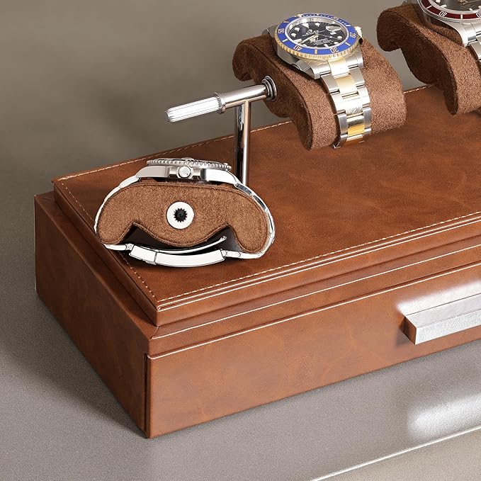 ROTHWELL Luxury Watch Display Case for 4 Watches – Leather Watch Box with Acrylic Cover and Removable Slide in Cushions – Accessory Drawer with Multiple Configurations (Tan/Brown)