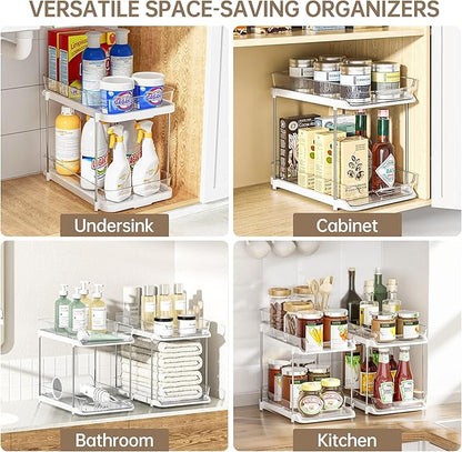 Delamu 2-Tier Multi-Purpose Bathroom Under Sink Organizers and Storage, Stackable Kitchen Pantry Organization, Pull Out Medicine Cabinet Organizer with Movable Dividers, White, 1 Pack