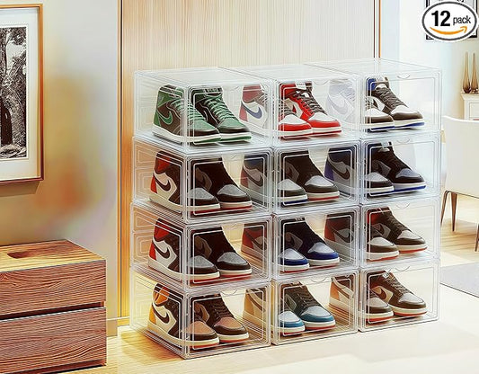 JECCICHY 12 Pack Clear Shoe Storage Boxes Stackable, Plastic Shoe Boxes with Lids, Sneaker Storage, Transparent, Thick Hard, Drop Front Door, Within US Size 13