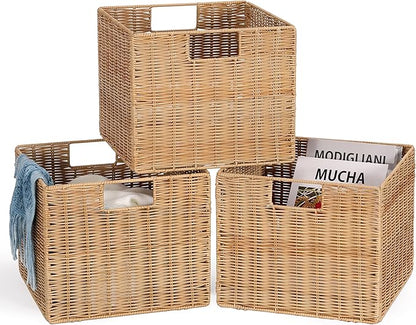 12X12X10in Plastic Wicker Storage Basket, Collapsible Wicker Cube Storage for Shelves, Woven Plastic Storage Basket for Pantry, Bedroom, Living Room, Bathroom, Shelves-3 Pack