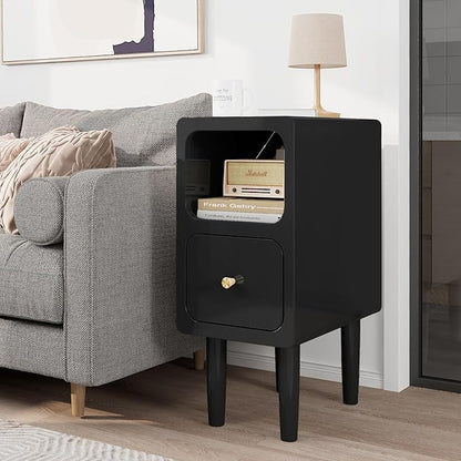 Narrow Nightstand, Solid Wood Night Stand with Drawers, Black Mid Century Modern Nightstand, Small Beside Table with Open Storage Shelf for Bedroom (10 inch)