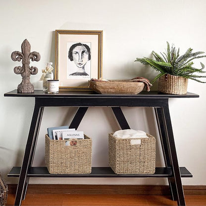 Seagrass Storage Baskets, 12X12X10in Cube Wicker Storage Basket for Shelves, Pantry Baskets Organization and Storage, Kitchen Storage Baskets, Bathroom Shelves Storage Basket Set of 3