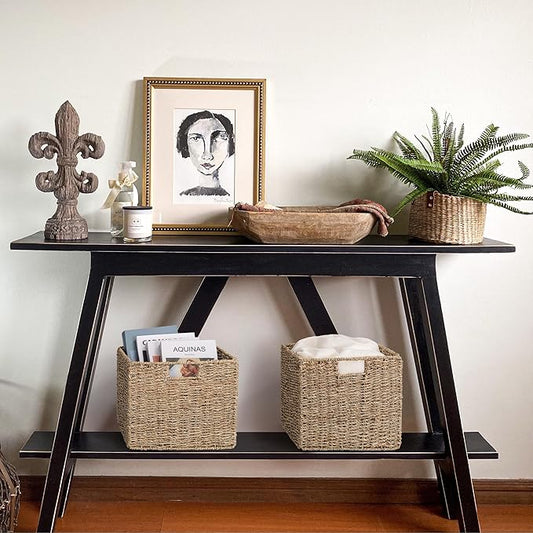 Seagrass Storage Baskets, 12X12X10in Cube Wicker Storage Basket for Shelves, Pantry Baskets Organization and Storage, Kitchen Storage Baskets, Bathroom Shelves Storage Basket Set of 3